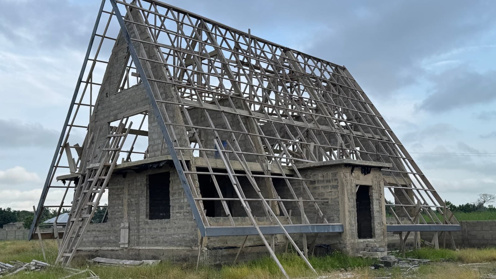 A-frame roof structure under construction at the Akatsi, Volta Region site